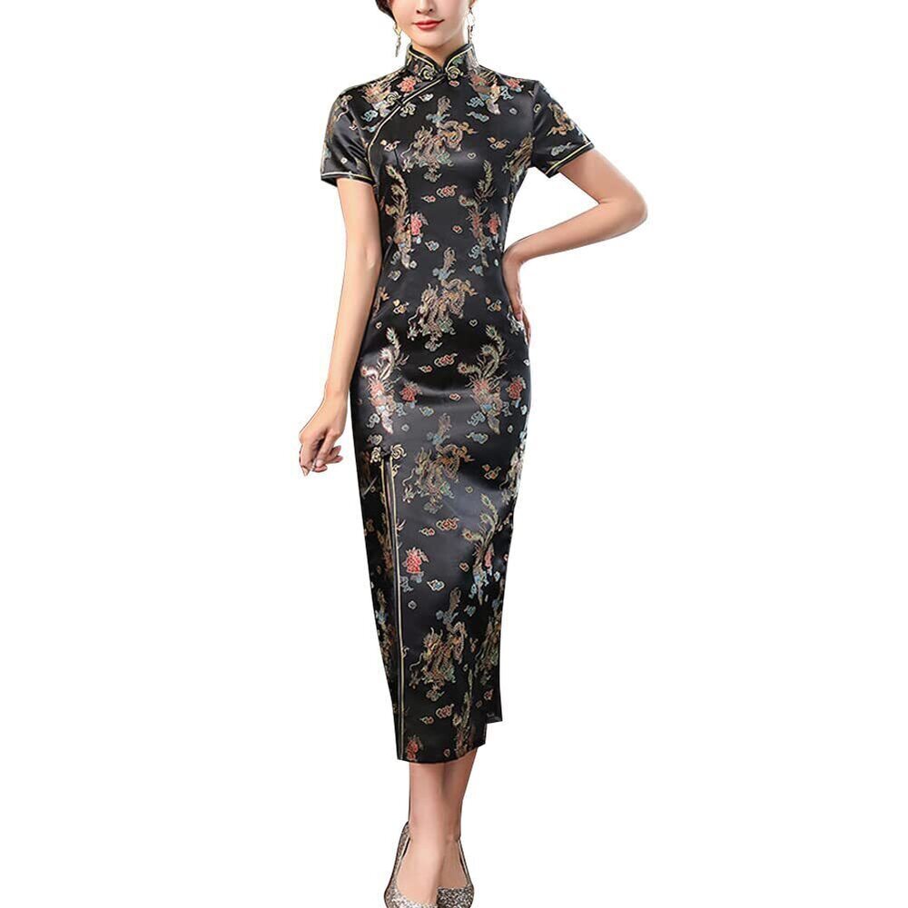 9320 Cheongsam Costume Side Slit Slim Fit Qipao Party Dragon Phoenix Print